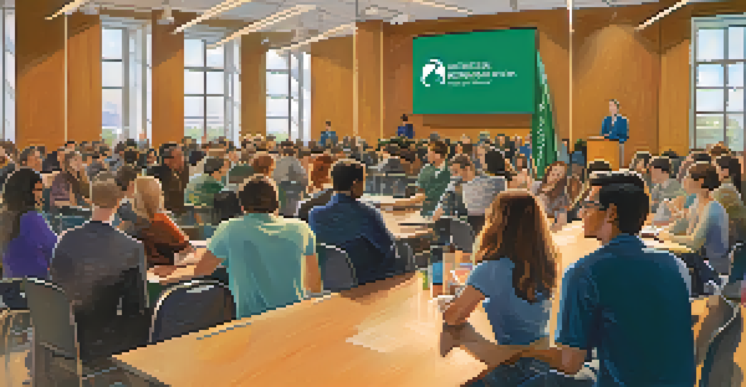 Students presenting their innovative ideas at a pitch competition, with judges and an engaged audience in a lively university setting.