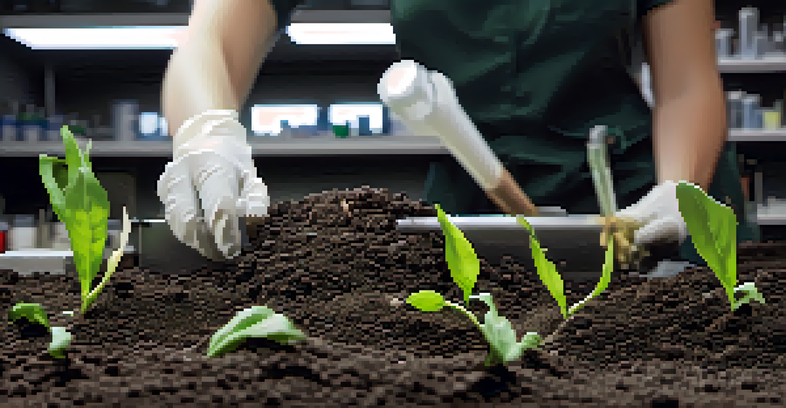 A researcher examines healthy soil with visible roots in a laboratory setting, emphasizing agricultural research.