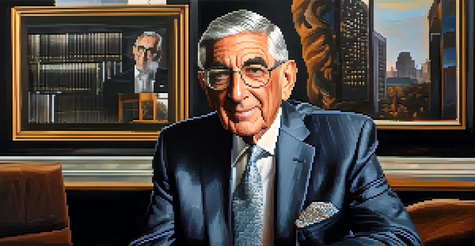 A stylized portrait of Eli Broad, showcasing his legacy in business and philanthropy with architectural and artistic elements in the background.