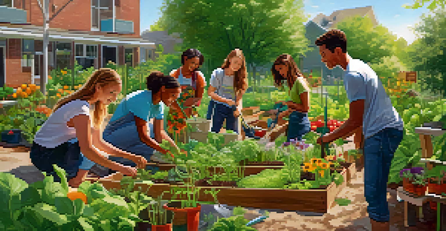 Michigan State University students working together on a sustainability project to create a community garden, surrounded by plants and gardening tools.