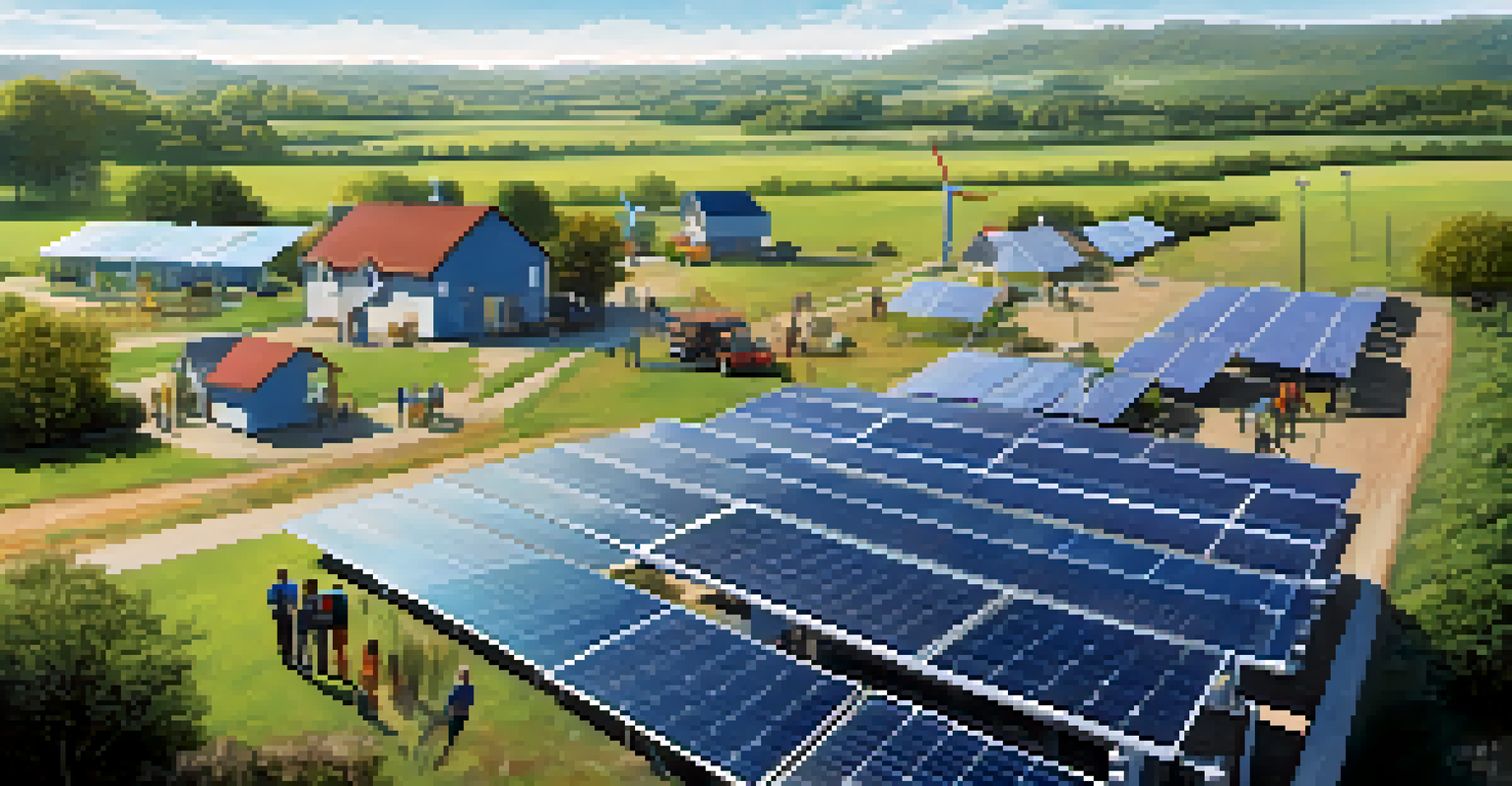 A community renewable energy project with solar panels and wind turbines, featuring people collaborating in a sunny landscape.