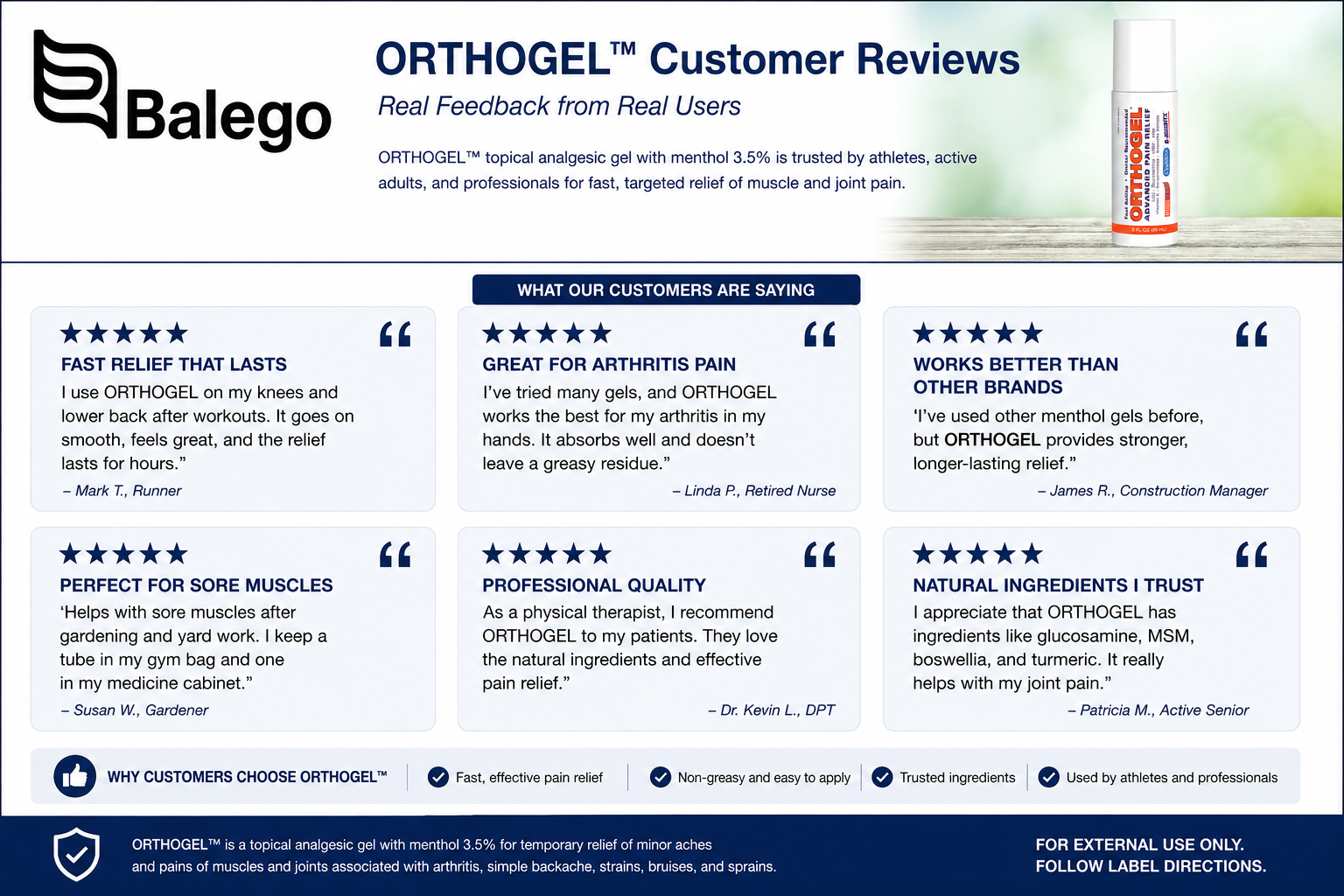 Customer testimonial compared with labeled ORTHOGEL product facts