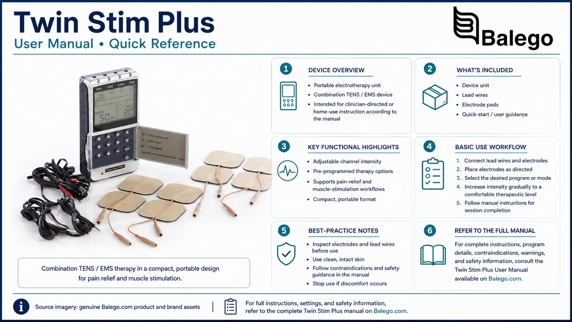 Twin Stim Plus DS5402 with eight electrodes, four lead wires, batteries, AC adapter and carrying case