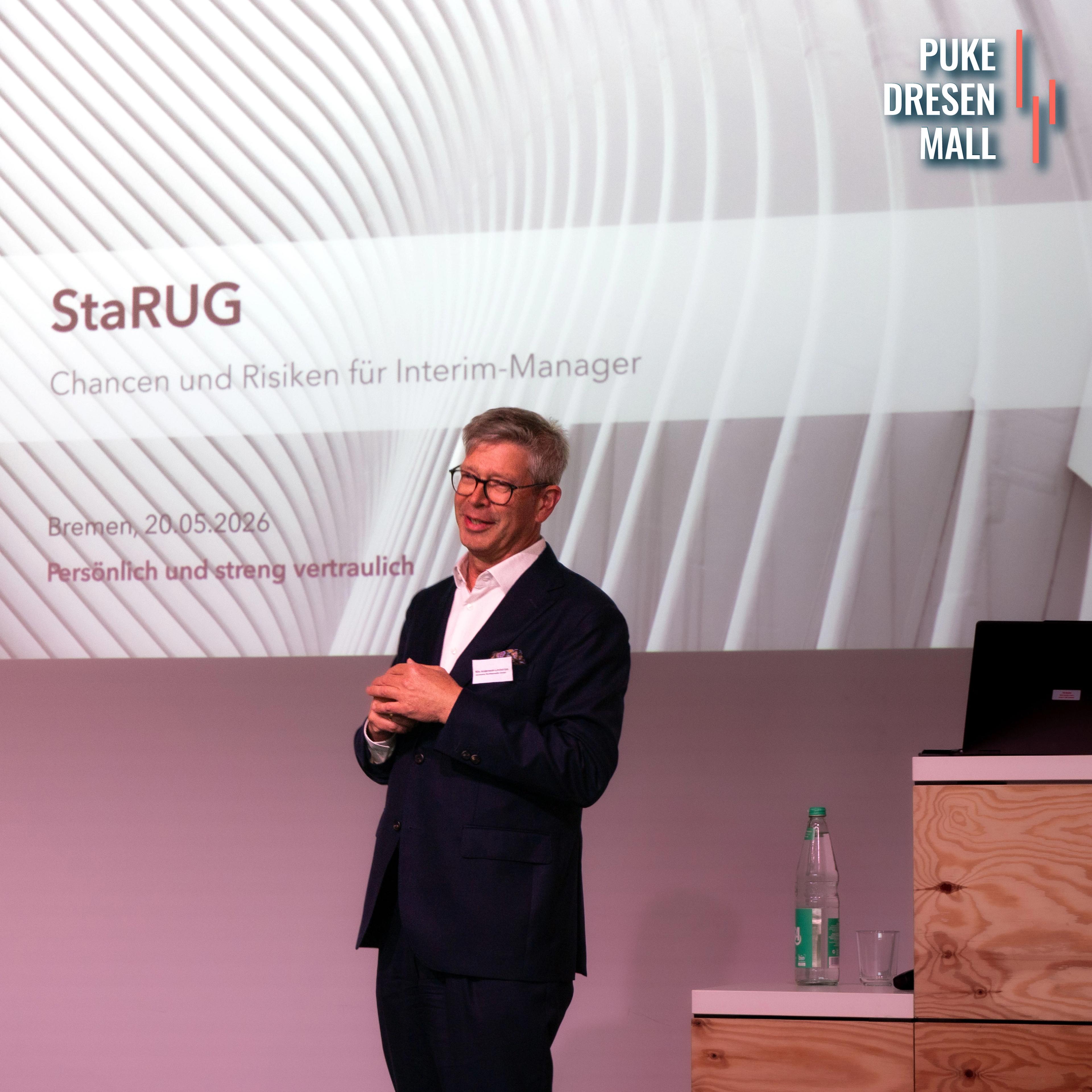 Nils Andersson-Lindström (reconomis Rechtsanwalts-GmbH) beleuchtete Chancen und Risiken des StaRUG für Interim Manager und gab Einblicke in aktuelle Entwicklungen und Anwendungsfälle des präventiven Restrukturierungsrahmens.