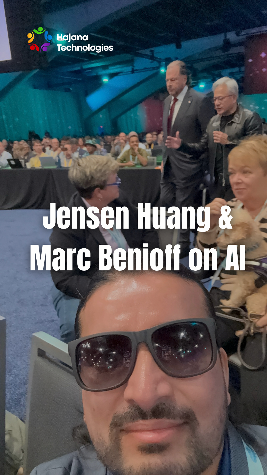 Selfie overlay titled 'Jensen Huang & Marc Benioff on AI' showing NVIDIA CEO Jensen Huang and Salesforce CEO Marc Benioff speaking in the background at an event.