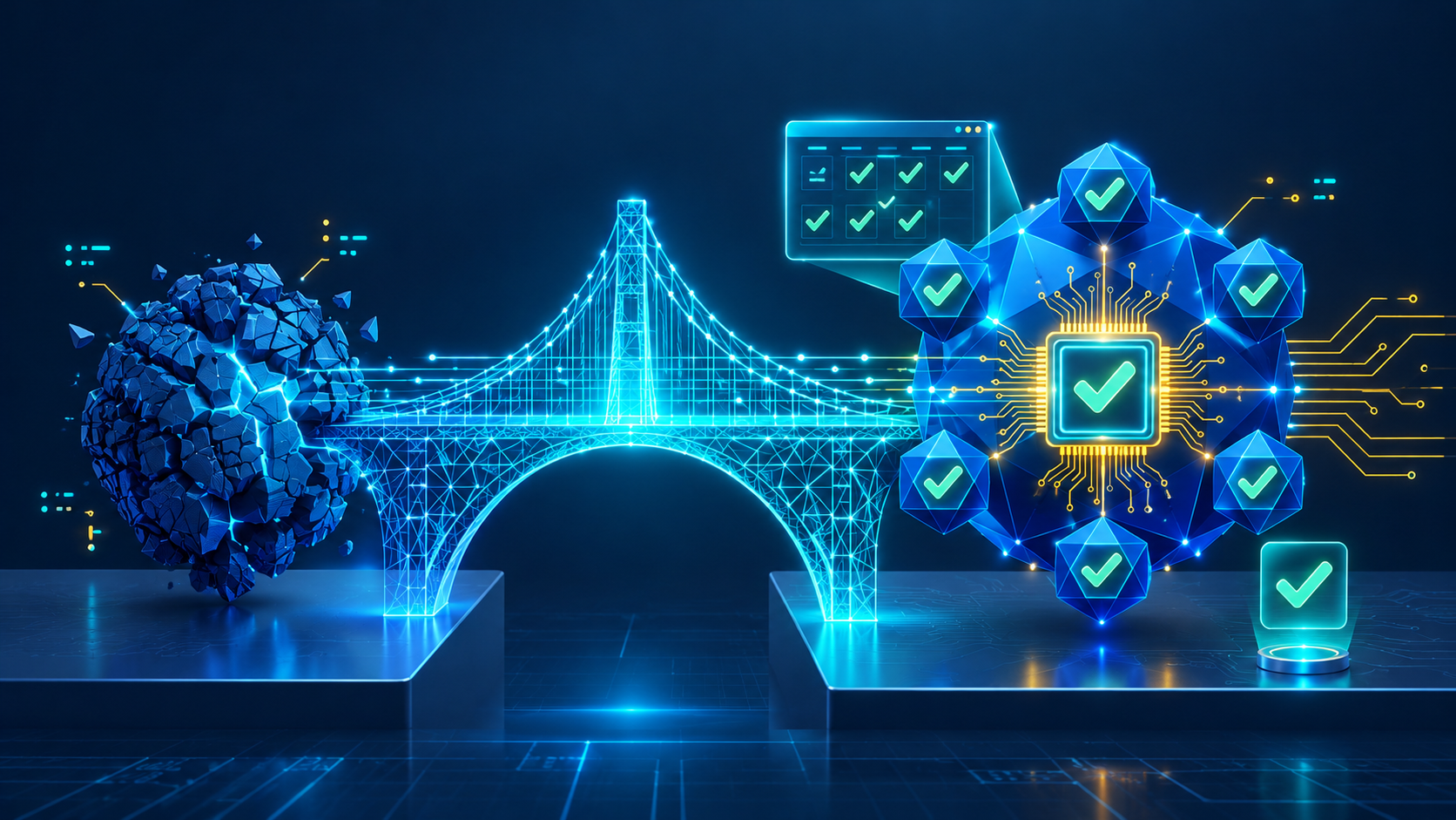 A glowing digital bridge connecting a chaotic raw data sphere on the left to an organized, checkmarked artificial superintelligence core on the right