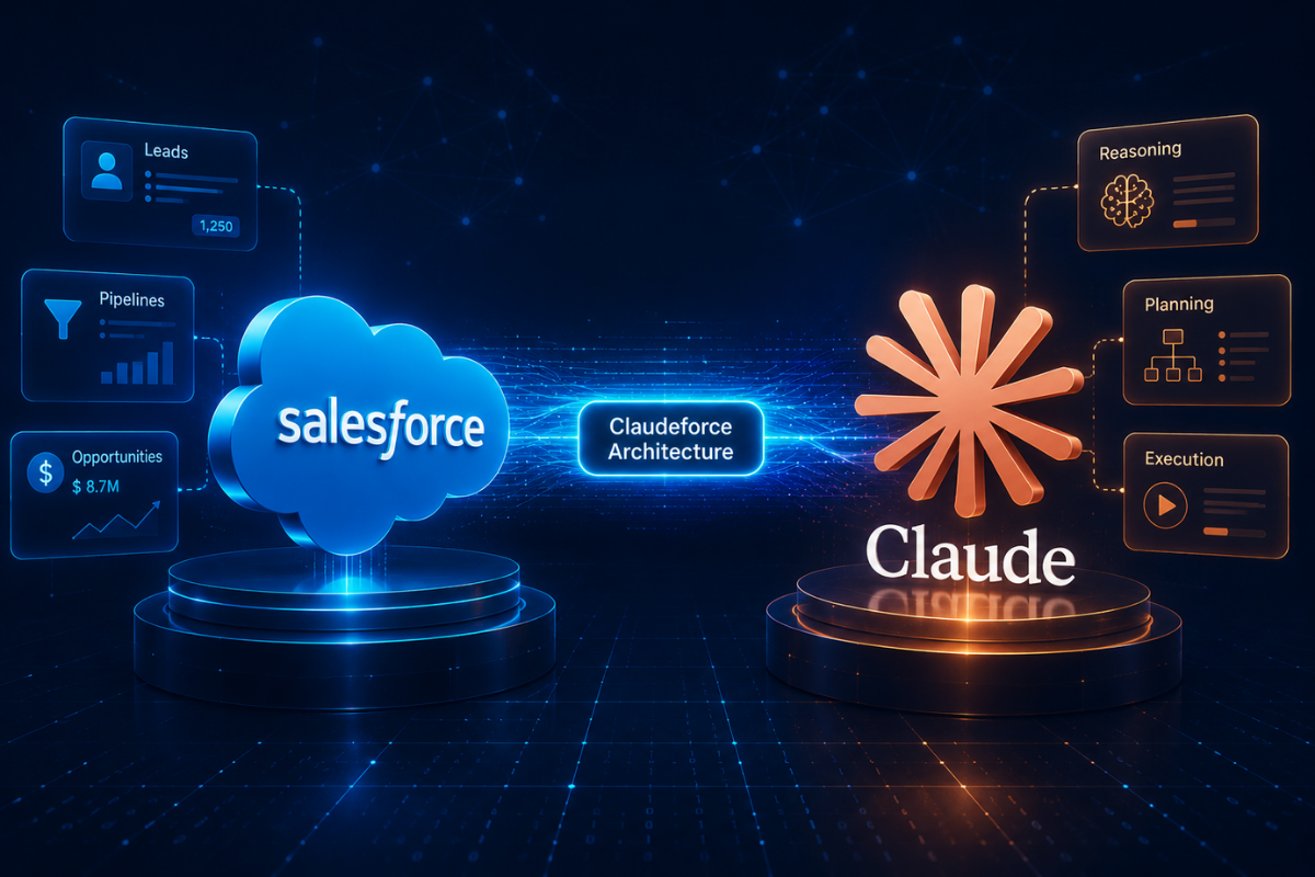 Salesforce logo on the left showing CRM metrics connected via Claudeforce Architecture to Claude AI on the right displaying reasoning and execution modules
