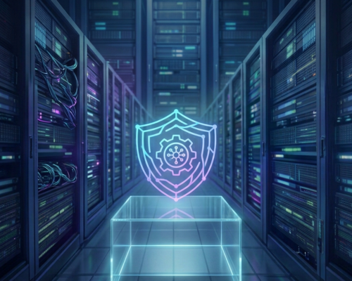 A square server room image with a glowing neon security shield, representing the secure dual-model architecture of Claude Fable 5 and Mythos 5
