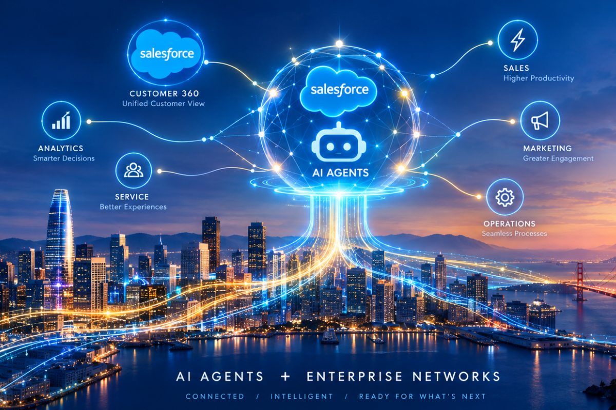 Futuristic view of a city skyline overlaid with a central glowing Salesforce AI Agents sphere connecting Sales, Marketing, Operations, and Analytics modules