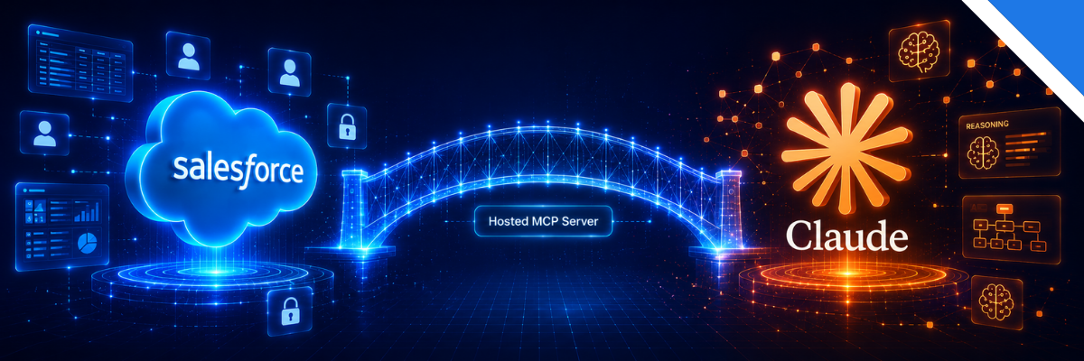 Glowing blue bridge labeled Hosted MCP Server connecting Salesforce CRM and Claude AI logos across a digital landscape