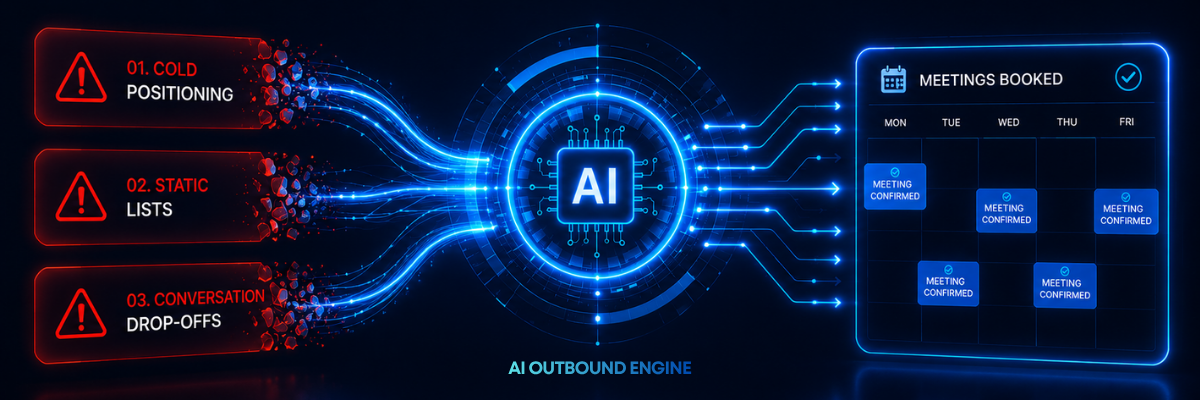 Banner depicting three red warning panels for Cold Positioning, Static Lists, and Conversation Drop-offs passing through an AI Outbound Engine into a calendar filled with confirmed meetings