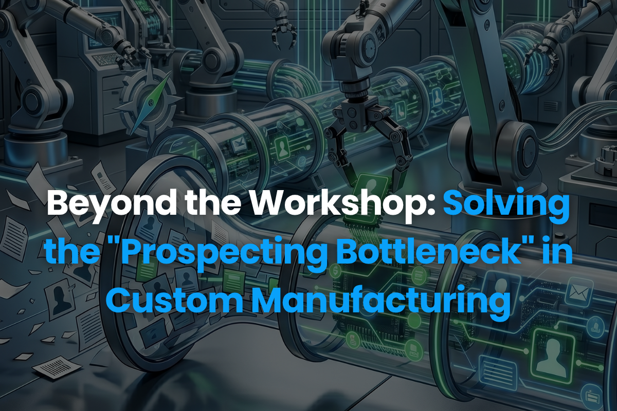 Futuristic factory robots automating lead generation and prospecting processes for custom manufacturing businesses.