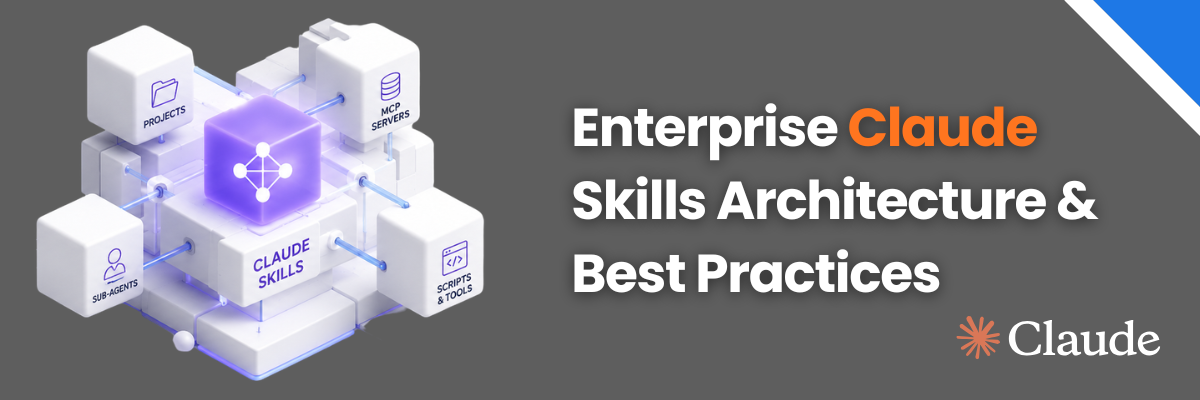 Banner displaying 'Enterprise Claude Skills Architecture & Best Practices' with a 3D Claude Skills diagram in the background