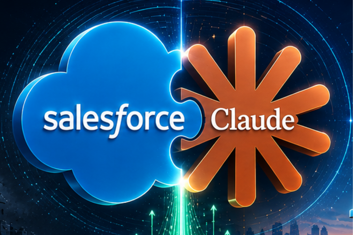 Interlocking 3D puzzle pieces featuring the blue Salesforce cloud logo and the orange Claude AI logo glowing against a futuristic digital background.