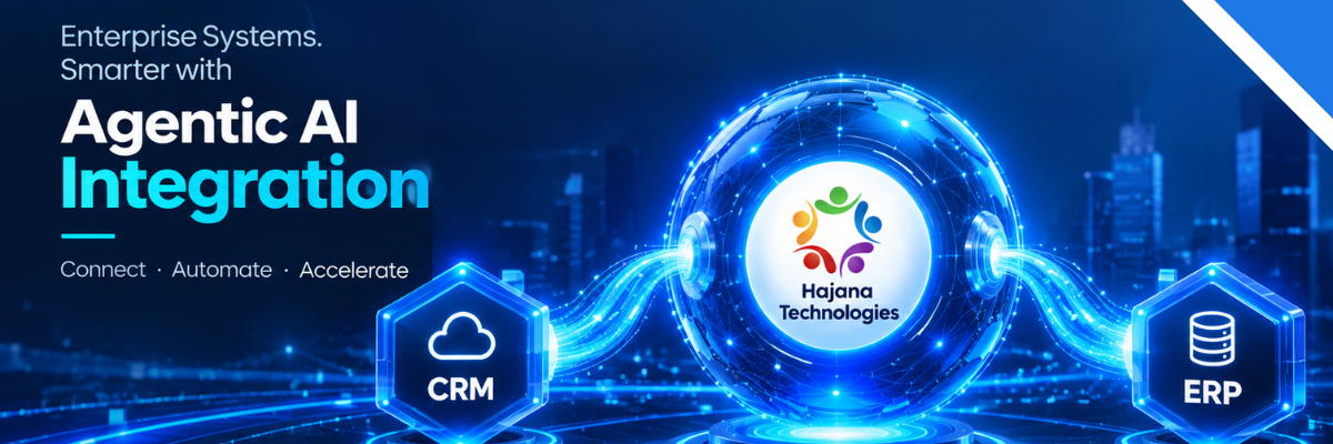 Banner reading 'Enterprise Systems Smarter with Agentic AI Integration' featuring the Hajana Technologies hub bridging CRM and ERP systems
