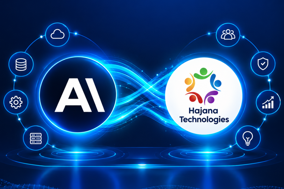Glowing infinity loop connecting the Anthropic AI logo and the Hajana Technologies logo surrounded by enterprise cloud and data icons.