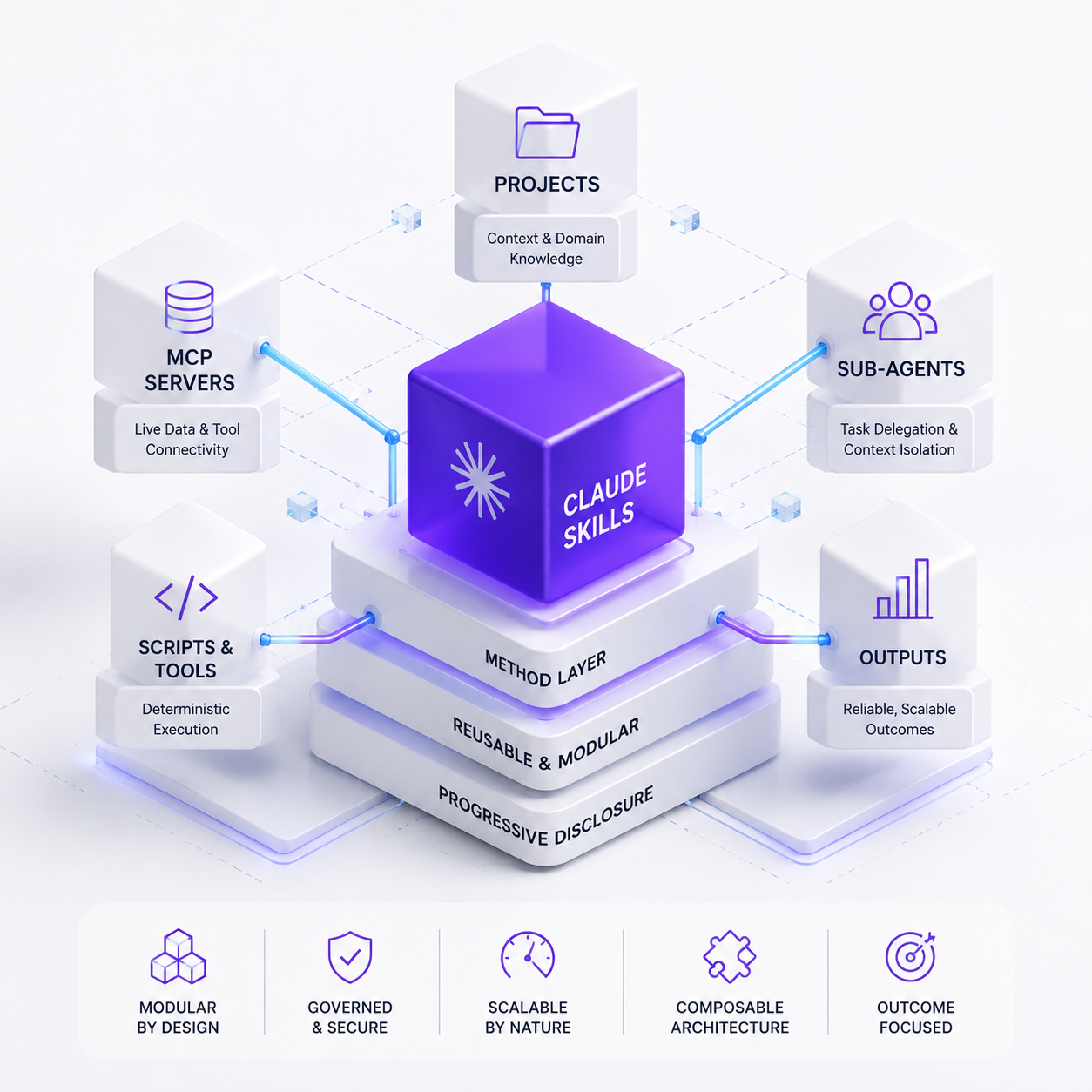 3D diagram illustrating Claude Skills Architecture with core modules like Projects, MCP Servers, Sub-Agents, Scripts, Tools, and Outputs