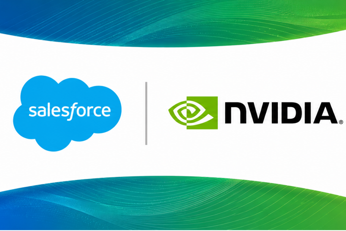 Salesforce and NVIDIA corporate logos positioned side-by-side against a clean white center flanked by blue and green abstract wave borders.