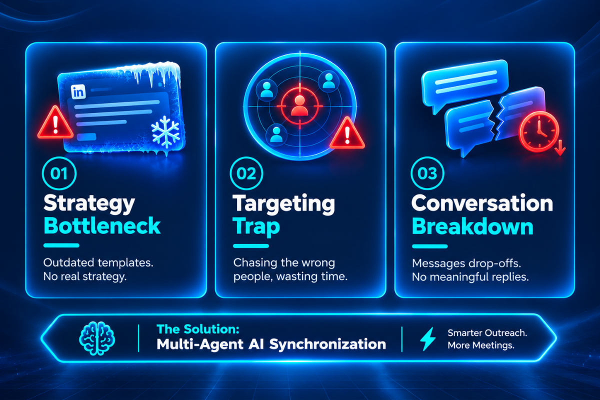 Infographic displaying three LinkedIn lead generation challenges: Strategy Bottleneck, Targeting Trap, and Conversation Breakdown, highlighting Multi-Agent AI Synchronization as the solution