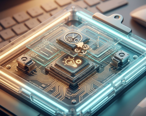 Futuristic Microchip and Circuit Board with Lightbulb, Checklist, and Clock Icons representing Autonomous AI Agent Architecture