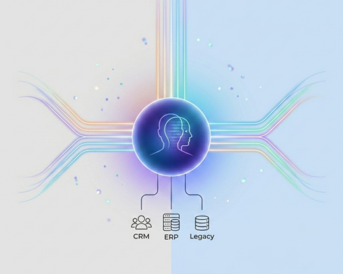 AI agents and digital icons representing intelligent enterprise automation.