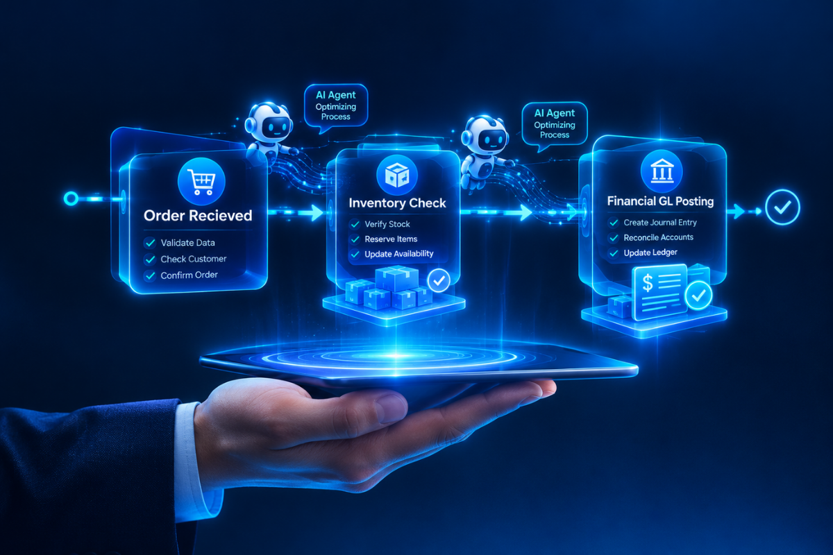 A hand holding a holographic tablet displaying an automated ERP workflow from Order Received to Inventory Check and Financial GL Posting managed by AI robots