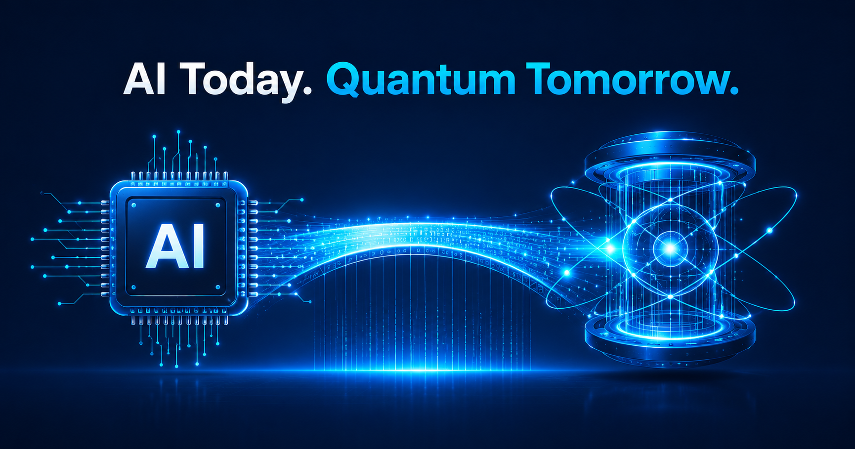 Futuristic illustration showing an AI processor connected through glowing digital data streams to a quantum computing system, representing the evolution from AI today to quantum computing tomorrow.