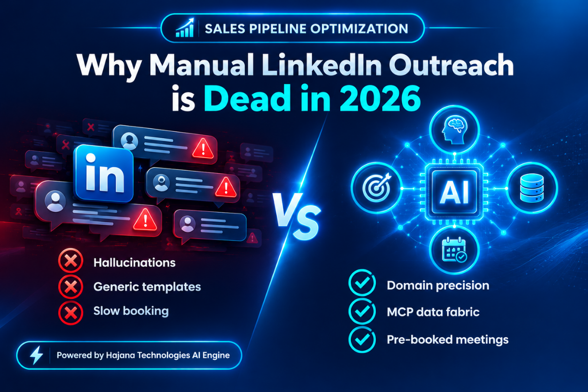 Comparison infographic titled 'Why Manual LinkedIn Outreach is Dead in 2026' contrasting manual templates and slow bookings on the left against Hajana Technologies AI Engine with domain precision on the right
