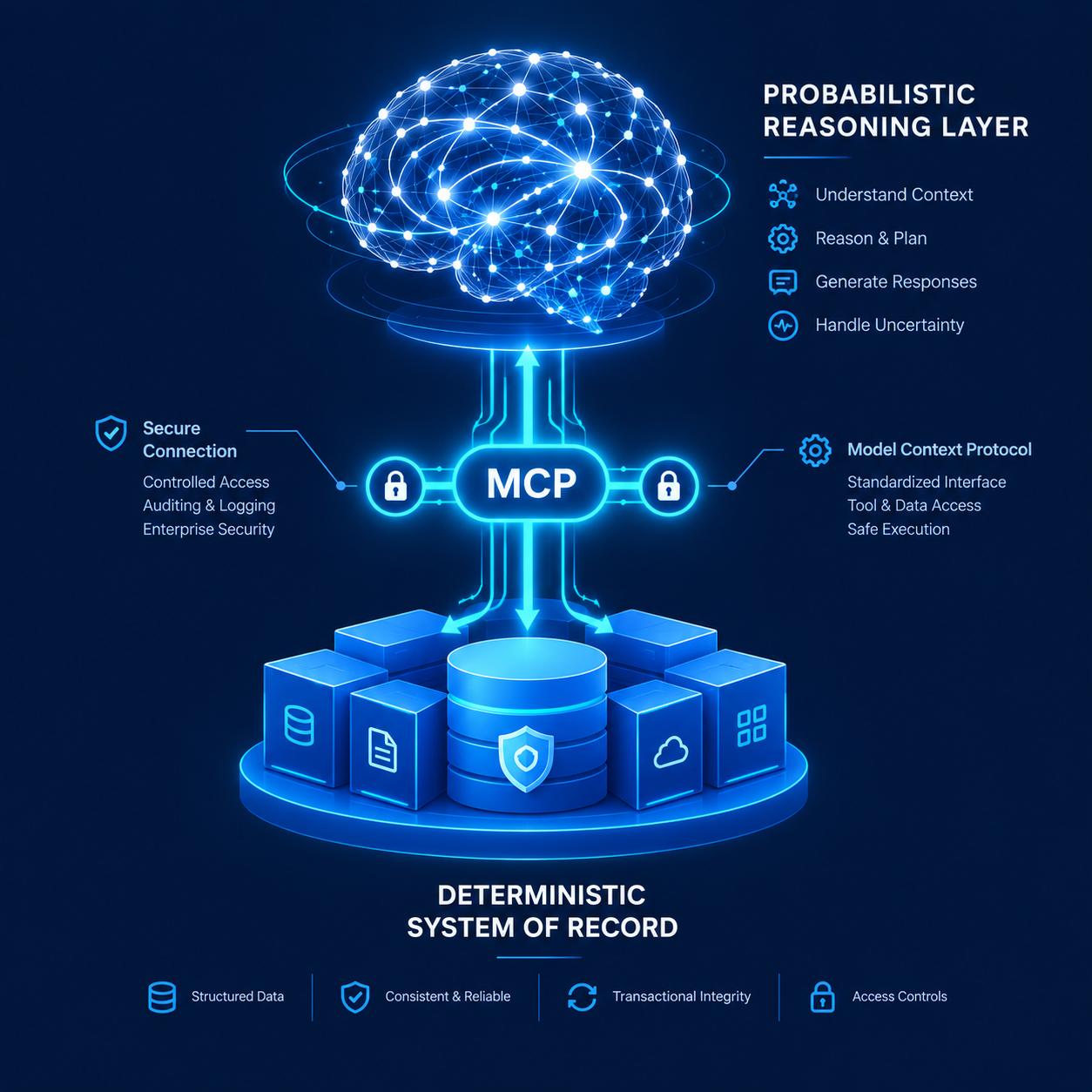 Architecture diagram illustrating the Model Context Protocol (MCP) bridging a top Probabilistic Reasoning Layer (AI Brain) with a bottom Deterministic System of Record (Secure CRM Database).