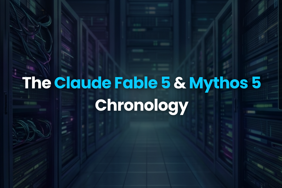 A square server room feature image with text reading: 'The Claude Fable 5 & Mythos 5 Chronology', mapping the Anthropic model timeline.