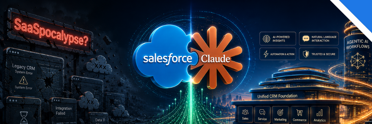 Banner contrasting a dark, broken legacy CRM labeled 'SaaSpocalypse' on the left with a bright, futuristic enterprise architecture powered by interlocking Salesforce and Claude logos on the right.
