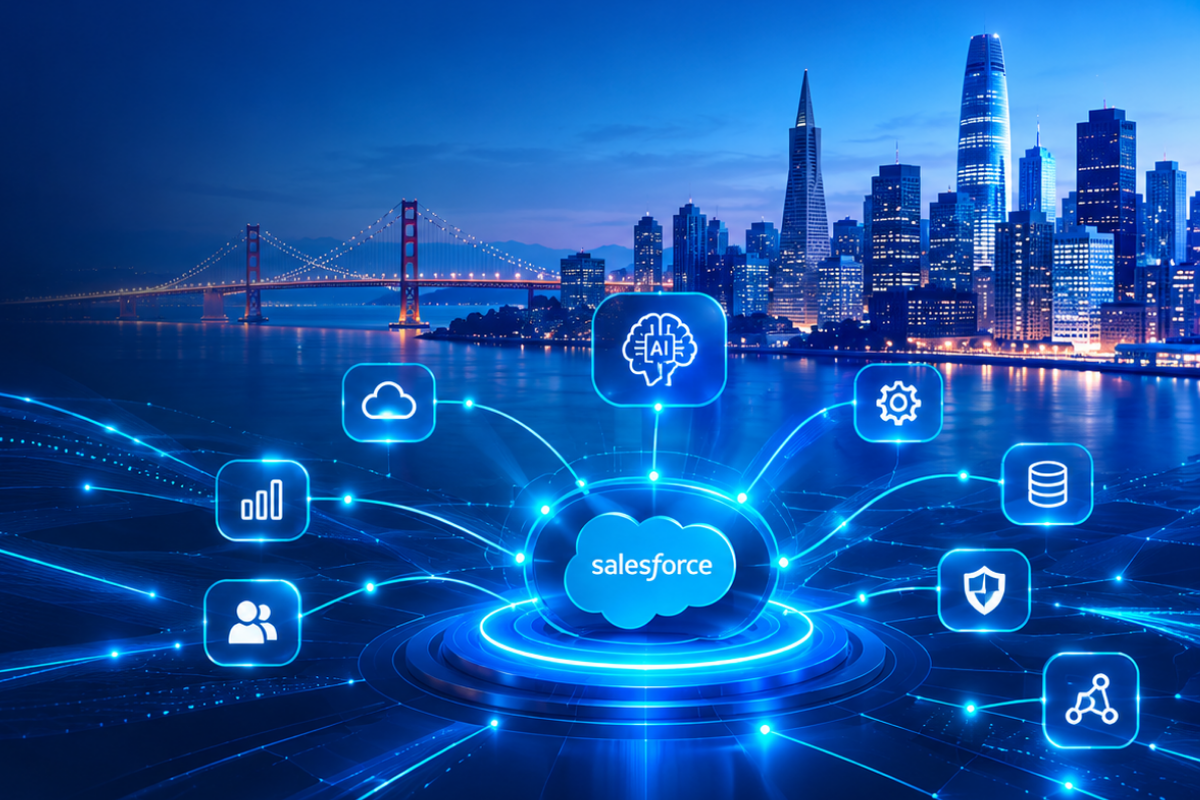 Glowing blue Salesforce logo surrounded by interconnected data and AI brain icons with the Golden Gate Bridge and San Francisco skyline lit up at night in the background