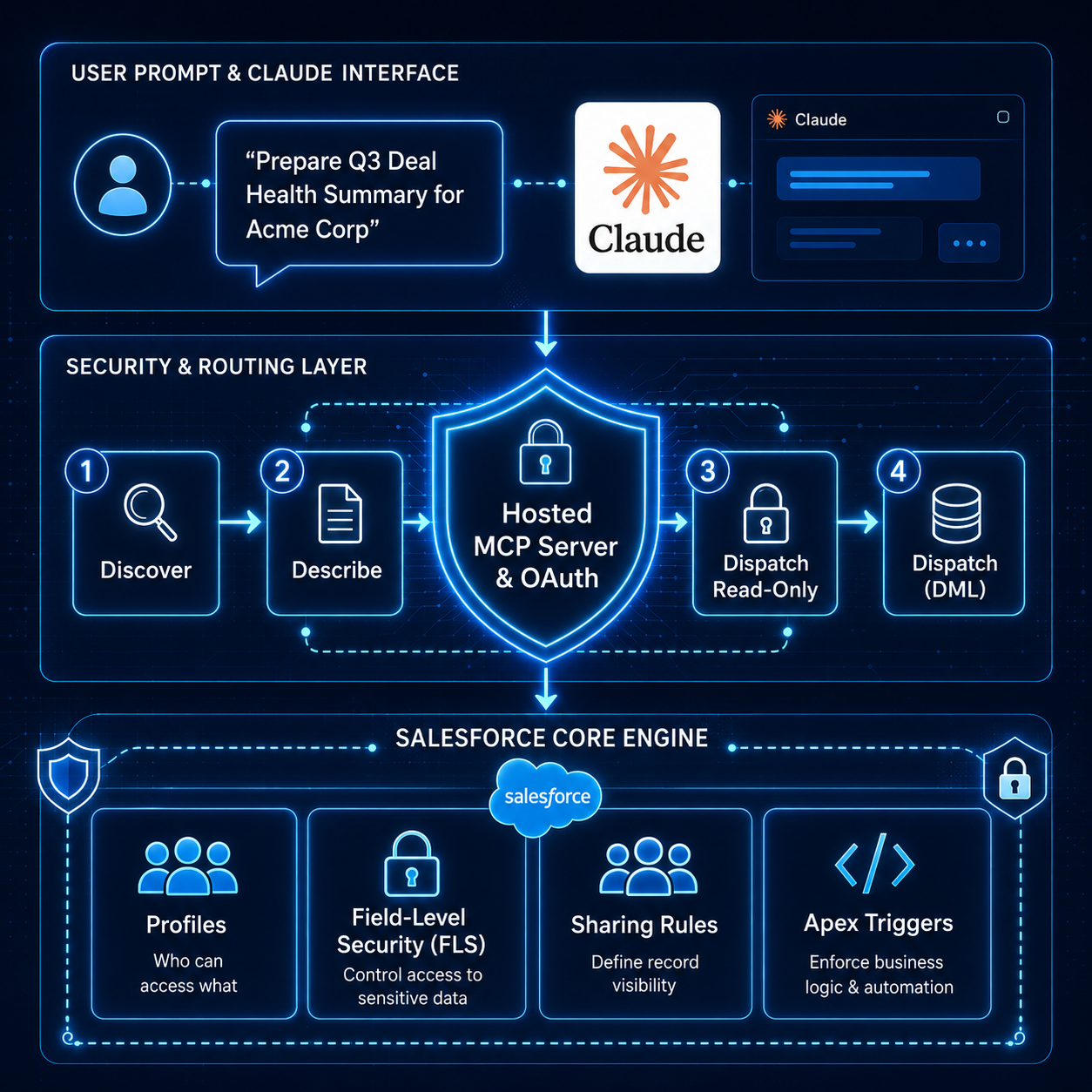 Architecture diagram detailing Claudeforce workflow from User Prompt through Hosted MCP Server and Security Layer down to Salesforce Core Engine