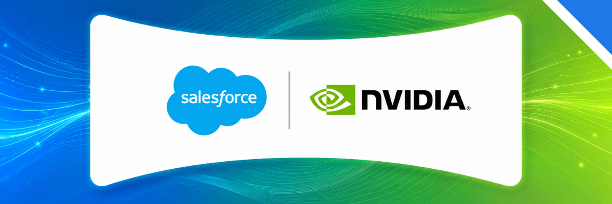Wide graphic featuring the Salesforce and NVIDIA logos side-by-side inside a white curved panel over a vibrant blue and green gradient background.