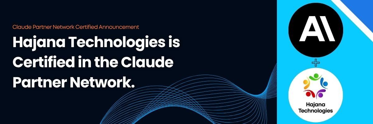 Announcement banner titled 'Hajana Technologies is Certified in the Claude Partner Network' featuring side-by-side Anthropic AI and Hajana Technologies logos.
