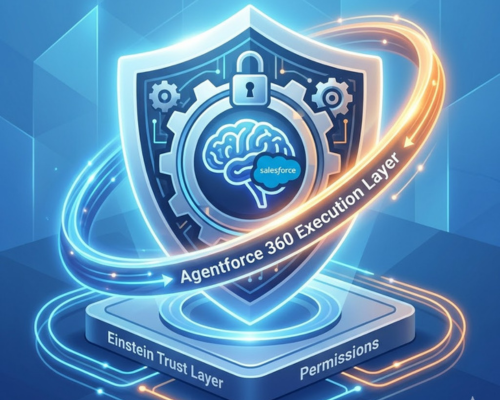A glowing metallic security shield featuring a brain and Salesforce cloud logo, orbited by an orange ring labeled "Agentforce 360 Execution Layer" resting on an "Einstein Trust Layer" platform.