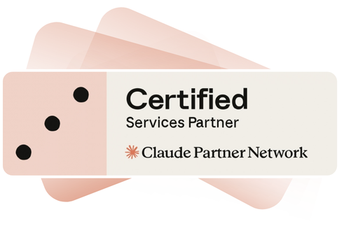 Official Claude Partner Network Certified Services Partner badge displaying the Claude logo on a clean rectangular card.