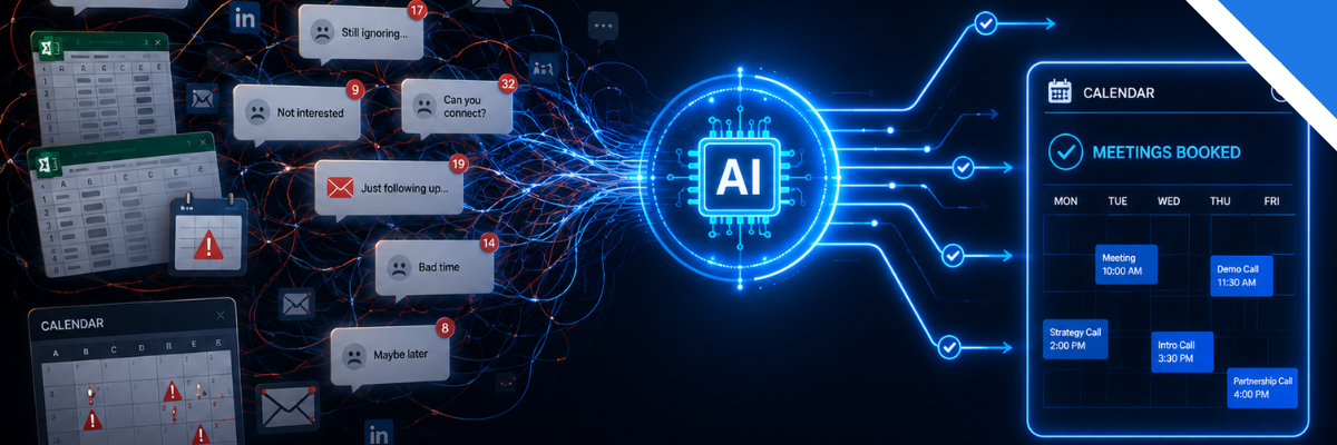 Banner contrasting cluttered spreadsheets and rejected message popups on the left with a central AI chip processing streams of data directly into a clean calendar displaying booked sales meetings
