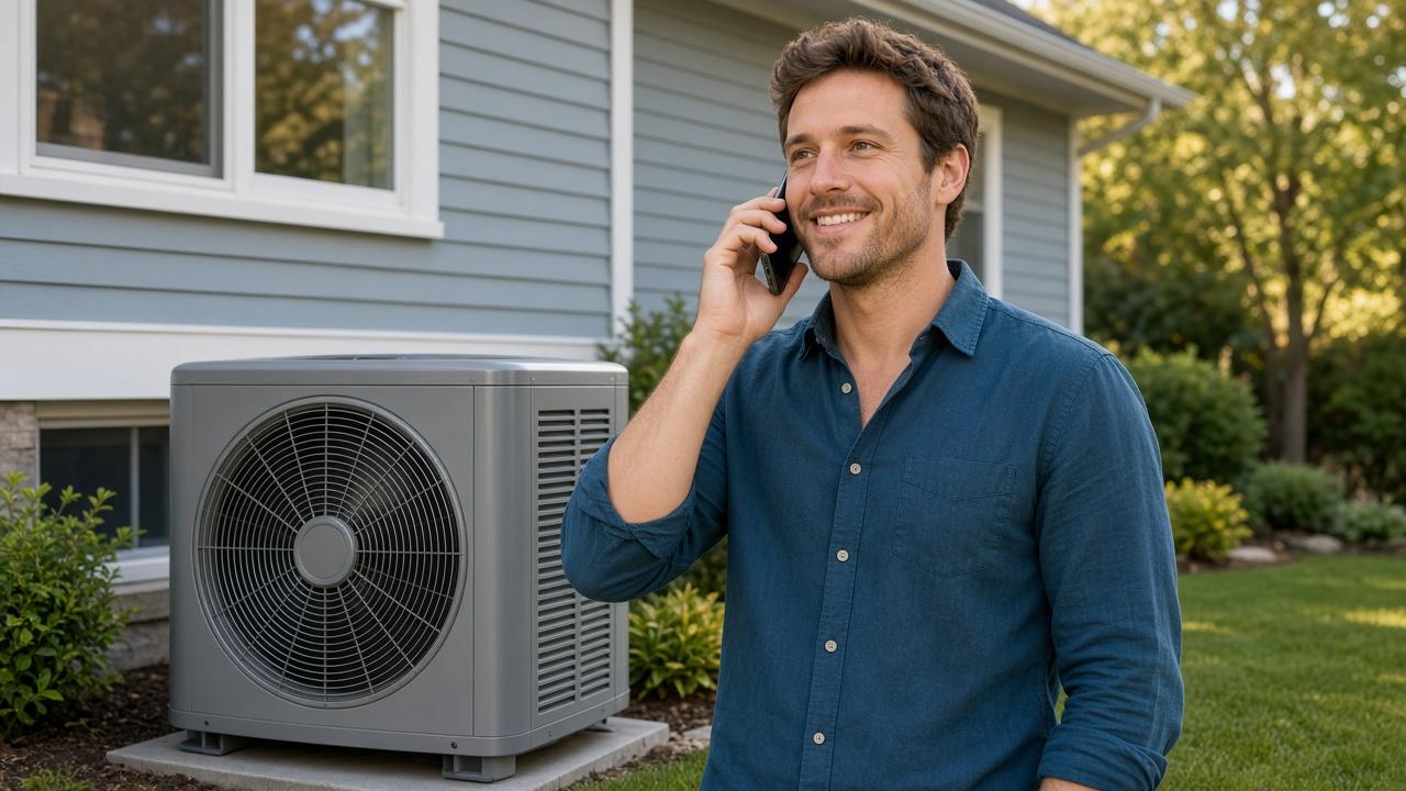 AI receptionist for HVAC - homeowner on a booked call beside a residential HVAC unit