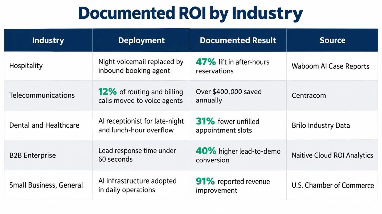 AI receptionist ROI by industry table