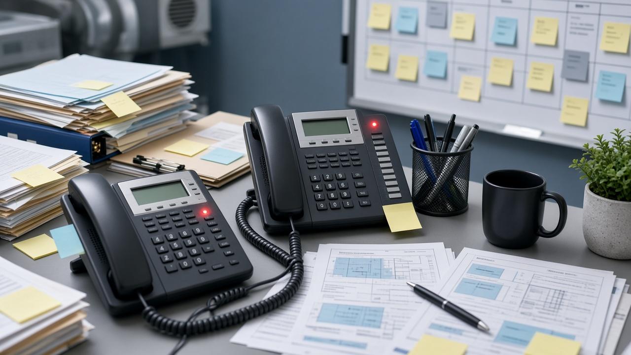 AI receptionist for HVAC - busy office desk with ringing phones during peak season
