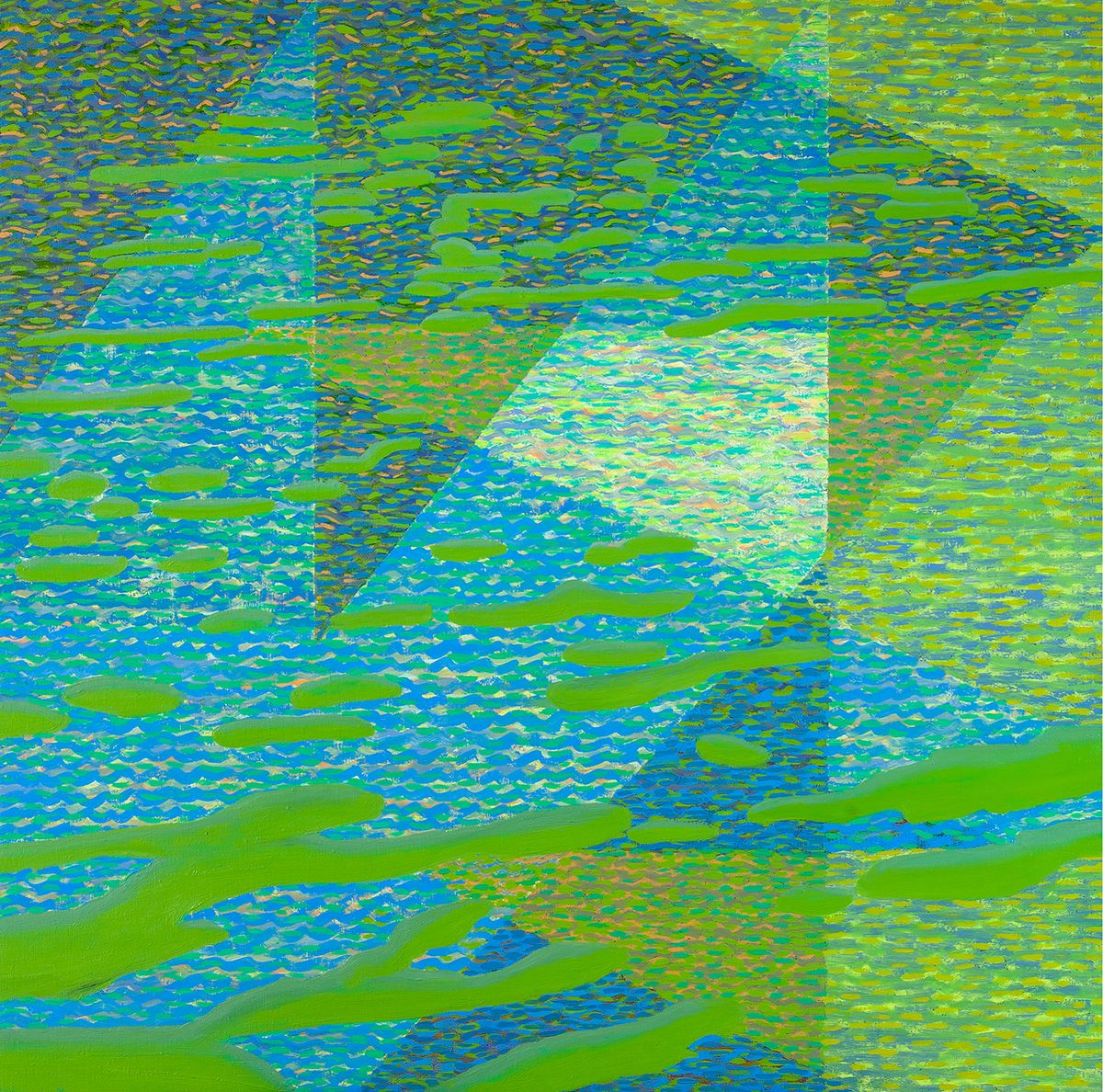 Square abstract oil painting in vivid greens and blues, geometric bands crossing a dense tissue of small wave-like strokes.