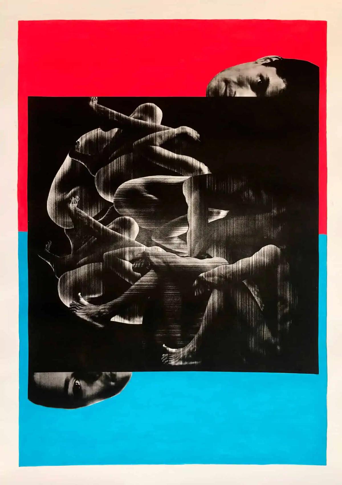 Jolanta Johnsson, Gravity of the Unseen, art print with male and female figures in red and blue color