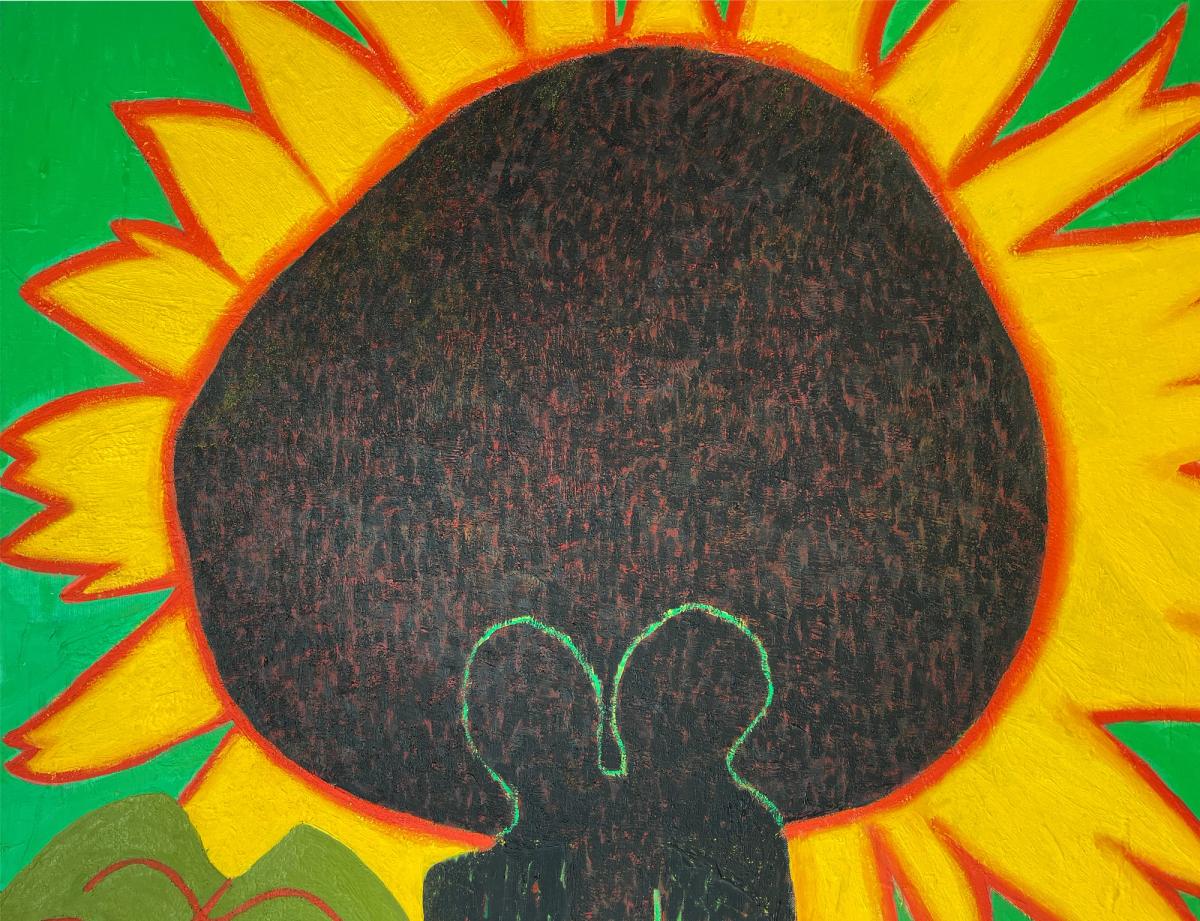 oil painting, two people under a big sunflower - fragment