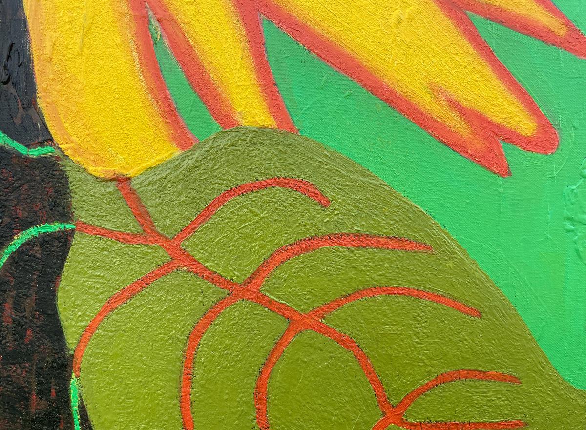 oil painting, two people under a big sunflower - fragment