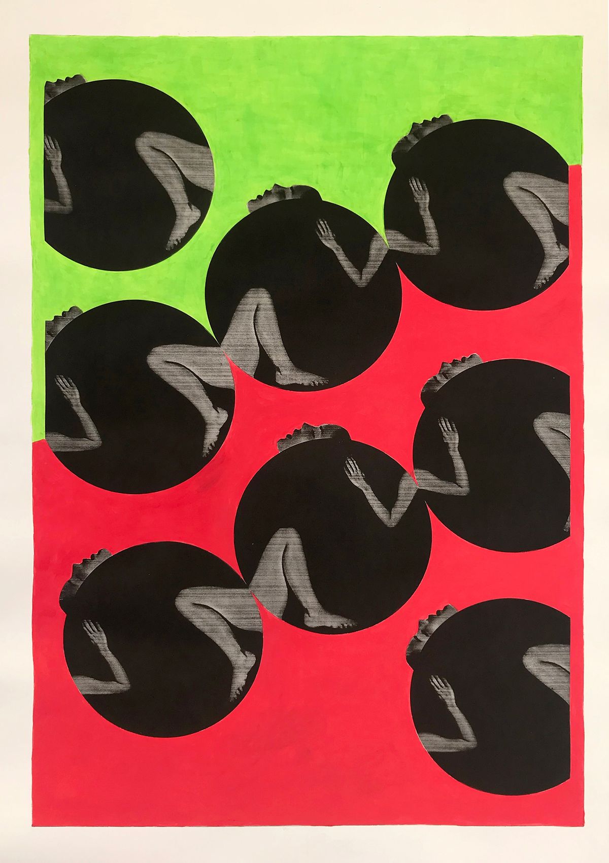 Print of eight black circles on bright green and red ground, with grey female arms, legs and raised heads emerging from each circle as if holding on while it spins