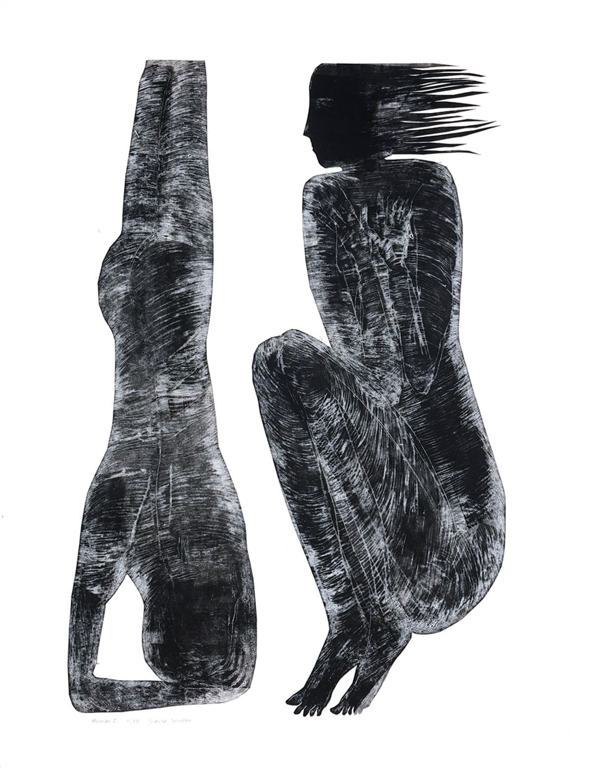 Two black figures on white background, The Space Between art print by Jolanta Johnsson