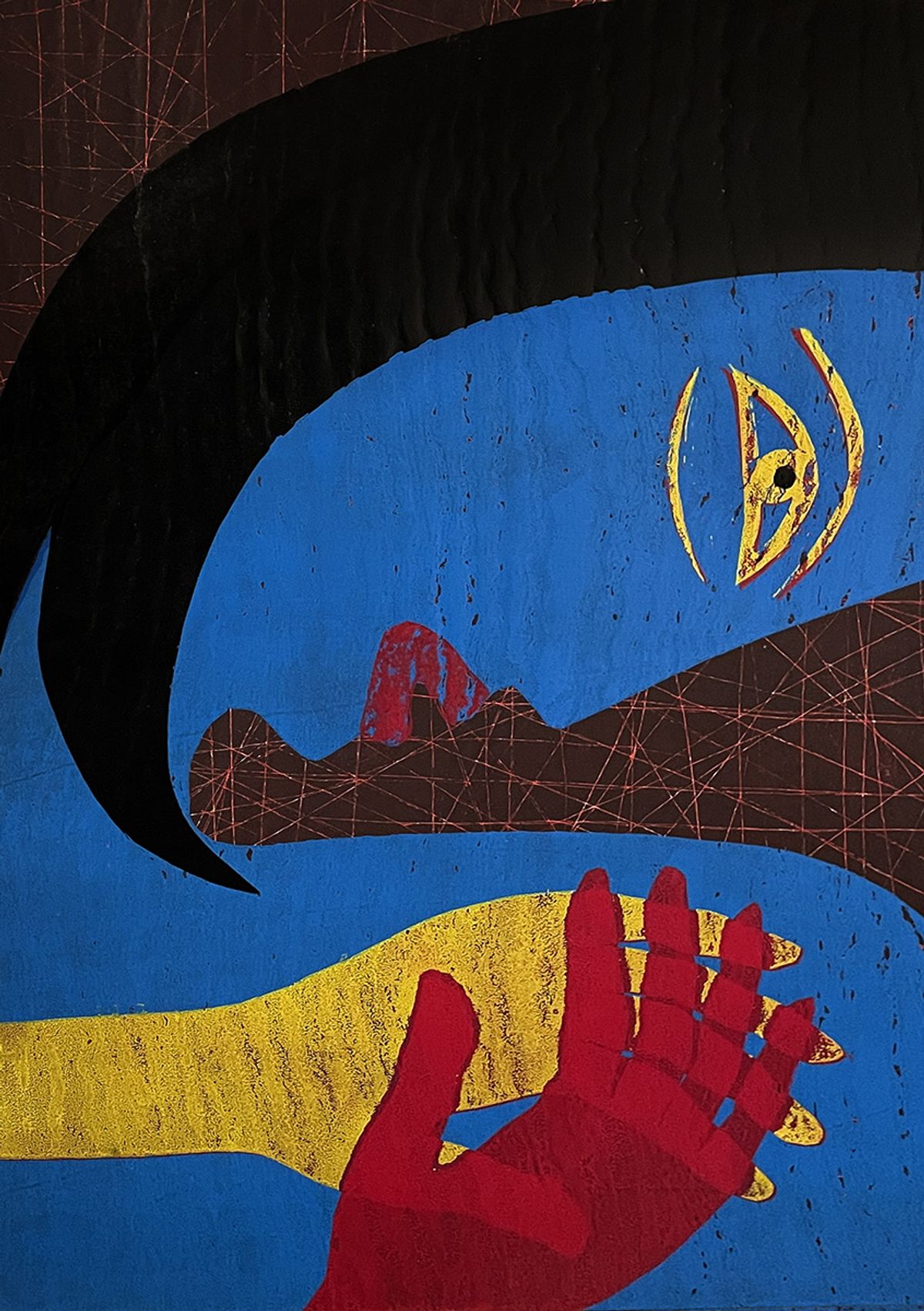 Mrs Nobody by Jolanta Johnsson — a semi-abstract blue figure with bowed head, black hair and a single yellow eye, hands folded in red and yellow against a dark red-scratched ground. Original monotype print on paper.
