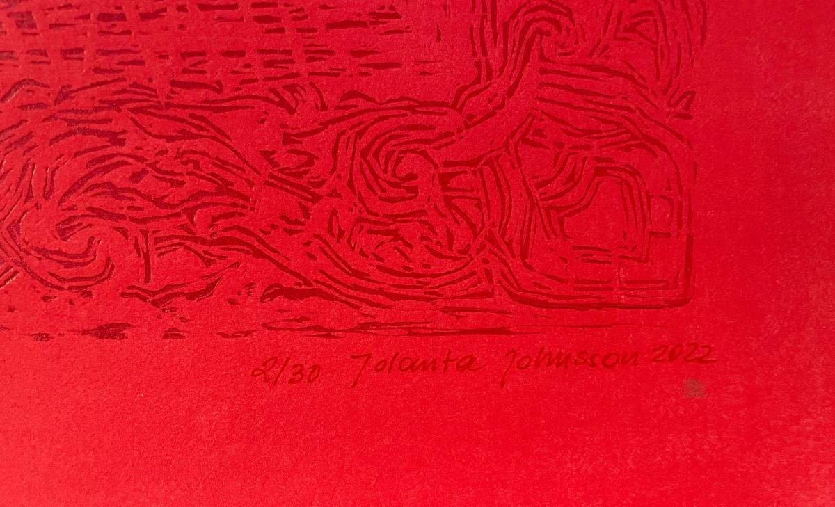 Lower corner of Inner Gate by Jolanta: the embossed ornamental linocut border on red paper, hand-signed and numbered 2/30, dated 2022.