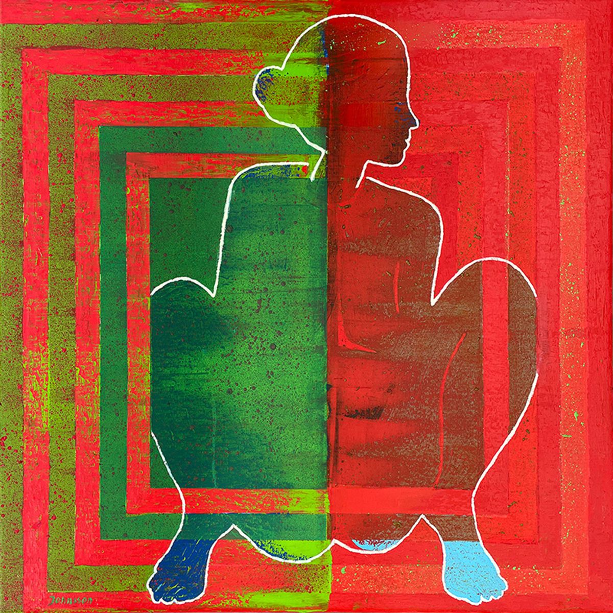 Woman split in green and red, outlined in white, inside nested squares — Between Green and Red, oil painting by Jolanta Johnsson.